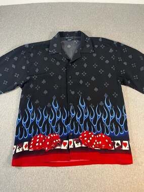 Y2K Oscar Misa Black Flames Dice Cards Short Sleeve Button Up Shirt Men’s L